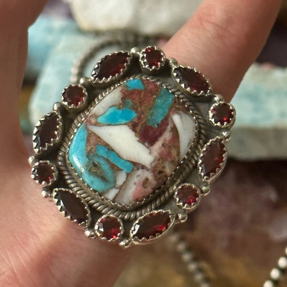 Turquoise spiny mosaic statement sterling silver adjustable ring - Picture 6 of 8